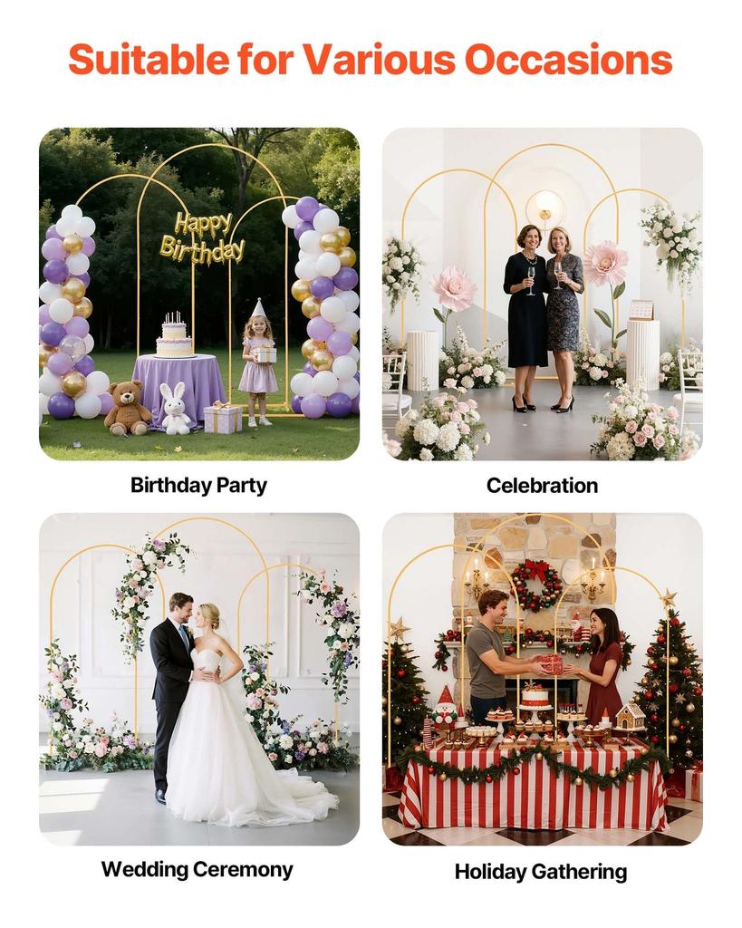 Arch Backdrop Stand, Set of 3, 2.4/2.2/2 m, Stable Structure, Easy Assembly, Gold Metal Arch Backdrop Stand for Wedding, Birthday Party, Graduation,