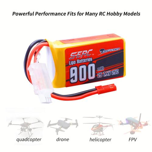 SUNPADOW 2S 7.4V LiPo Battery Pack, 900mAh 25C with JST Plug, Suitable for FPV and Drones, 2 Packs