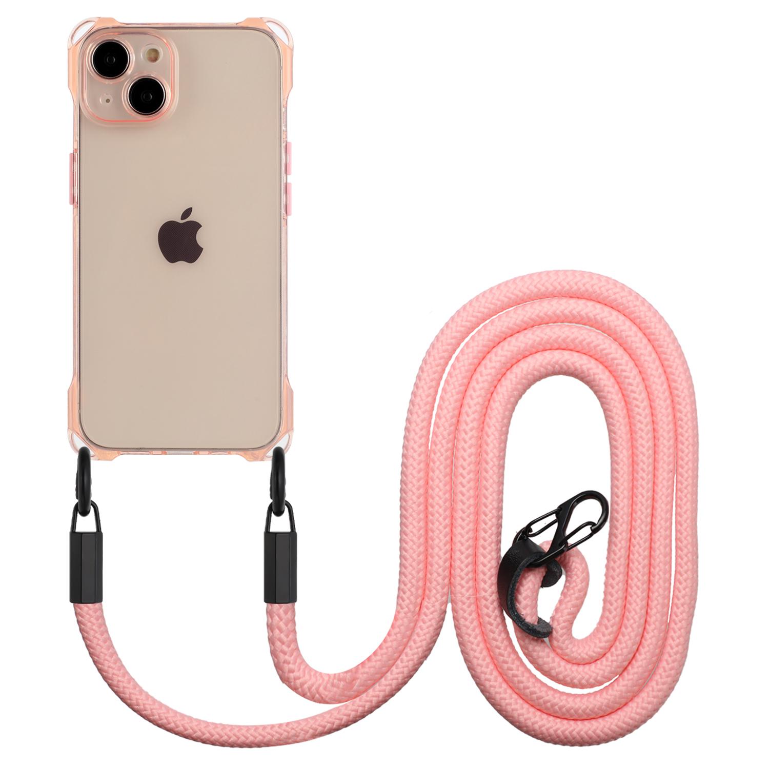 

For iPhone 14 Case Drop Protection TPU Mobile Phone Cover with Hanging Rope Pink