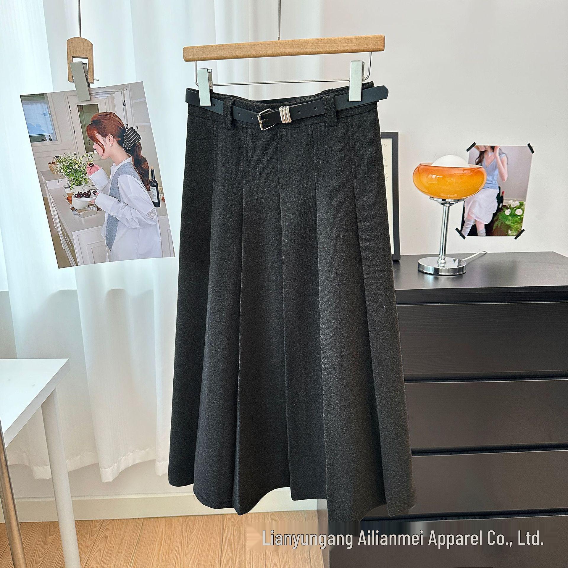 

Women s Elegant High-Waisted Wool Blend Pleated Midi Skirt with Belt M (Suitable for 90-100 lbs)