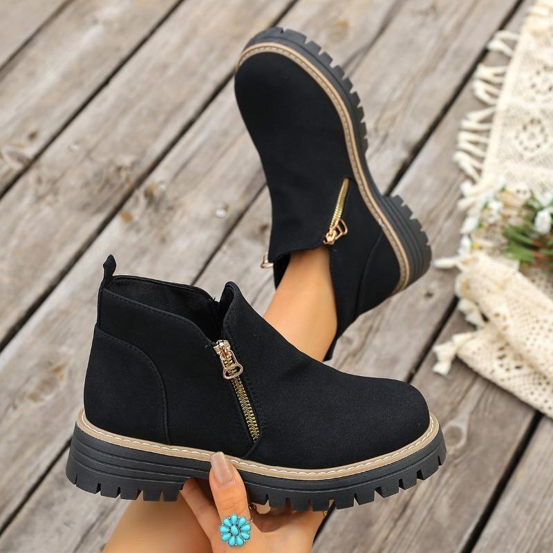 Damen Stiefeletten mit runder Zehenpartie in Überweite, Martin Boots mit Blockabsatz und Reißverschluss an der Seite, Herbst Winter Kurzstiefel für Damen