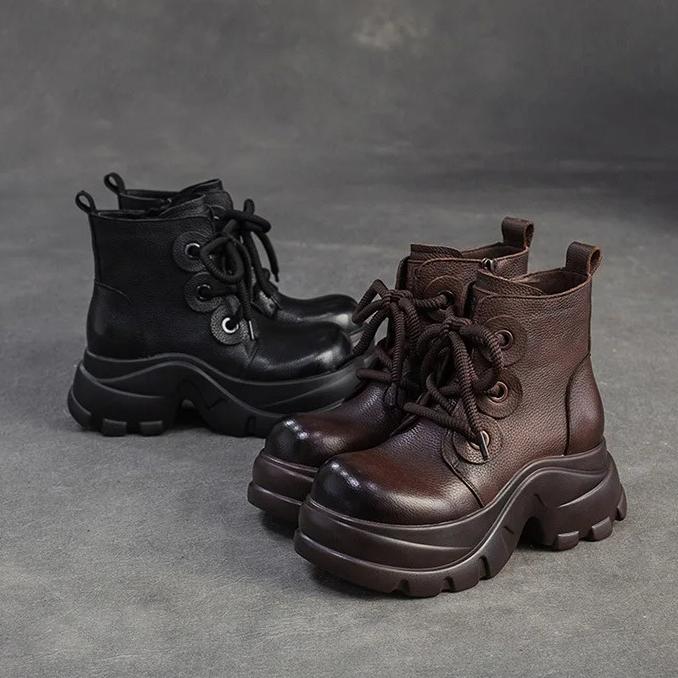 Johnature Runde Zehenpartie Plateau Kurze Stiefel Retro Echtes Leder Dicke Sohle Höhenvergrößernd Damenschuhe