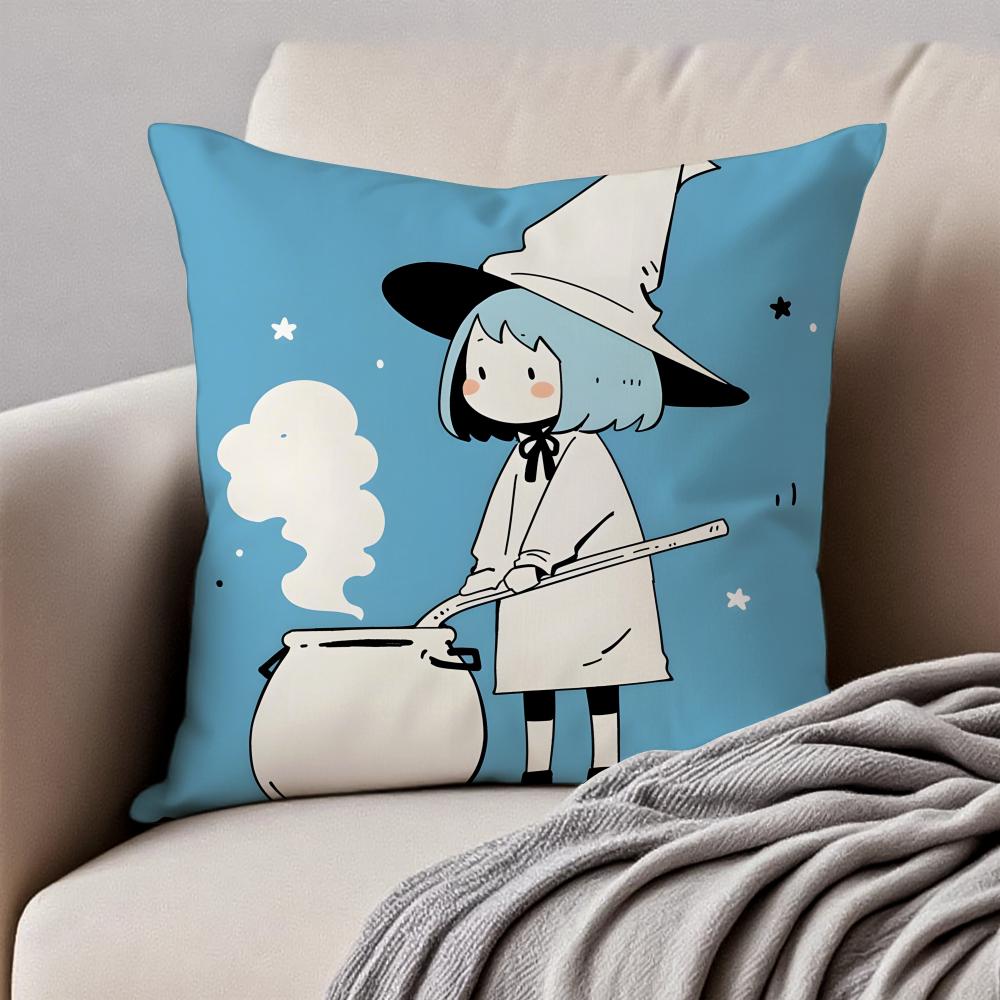

A Cute Cartoon Witch Childlike Art Cushion Cover Pillowcase Antidustmite Invisible Zipper Short Plush Sofa Cushion 30X30cm
