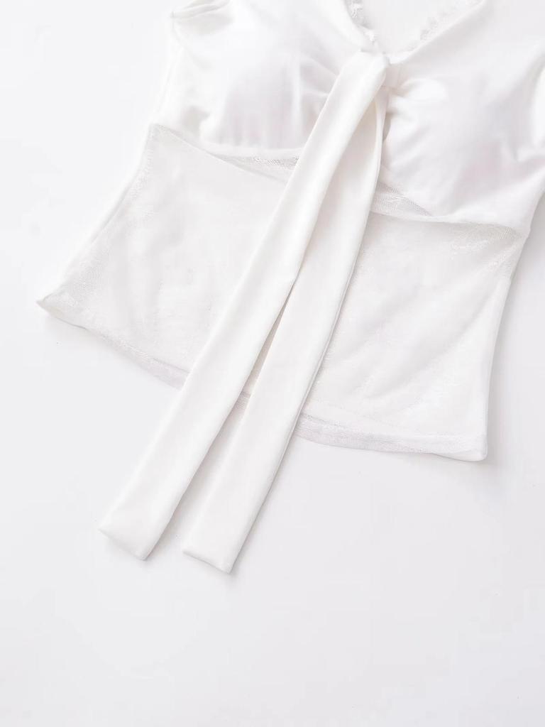 Women's V-Neck Lace Patchwork Tie-Up Cropped Tank Top