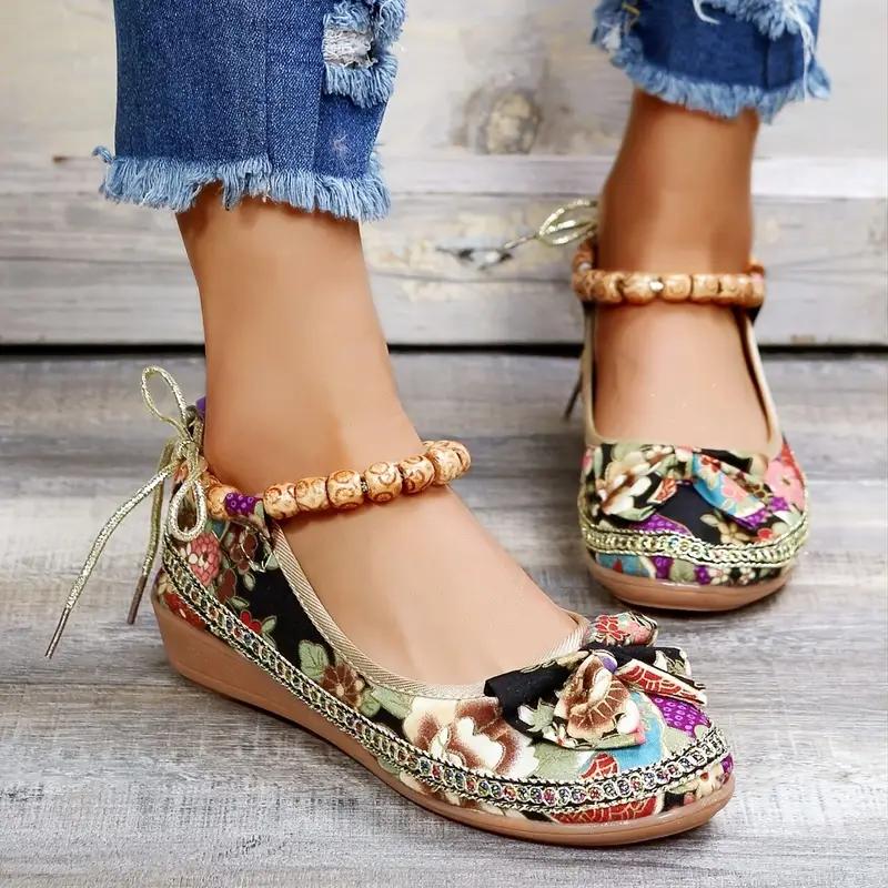 Sapatos baixos com estampa floral feminina, estilo tribal, calçados sem cadarço, calçados casuais para caminhada