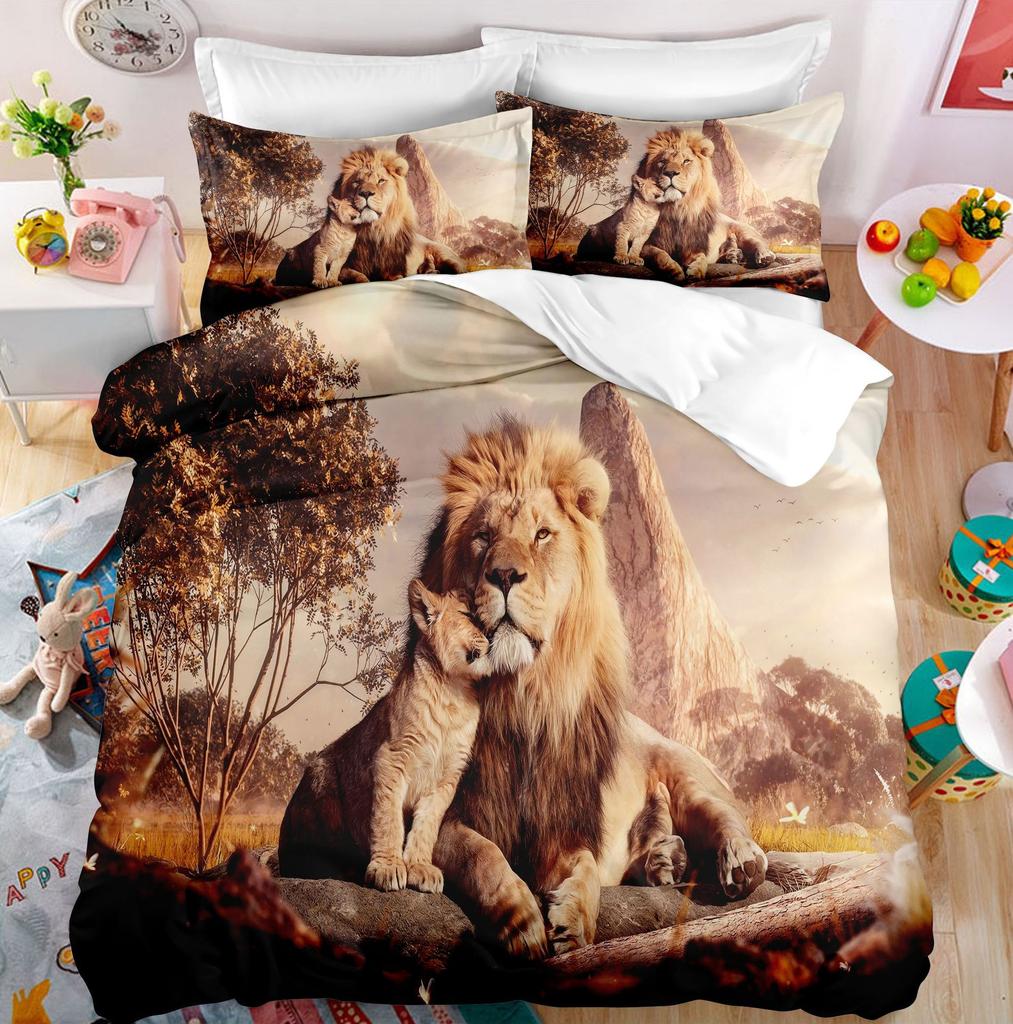 Lion Duvet Cover Set Roaring Lion White Wild Animals Polyester Comforter Cover King Queen Size For Kids Adults Teen Bedding Set
