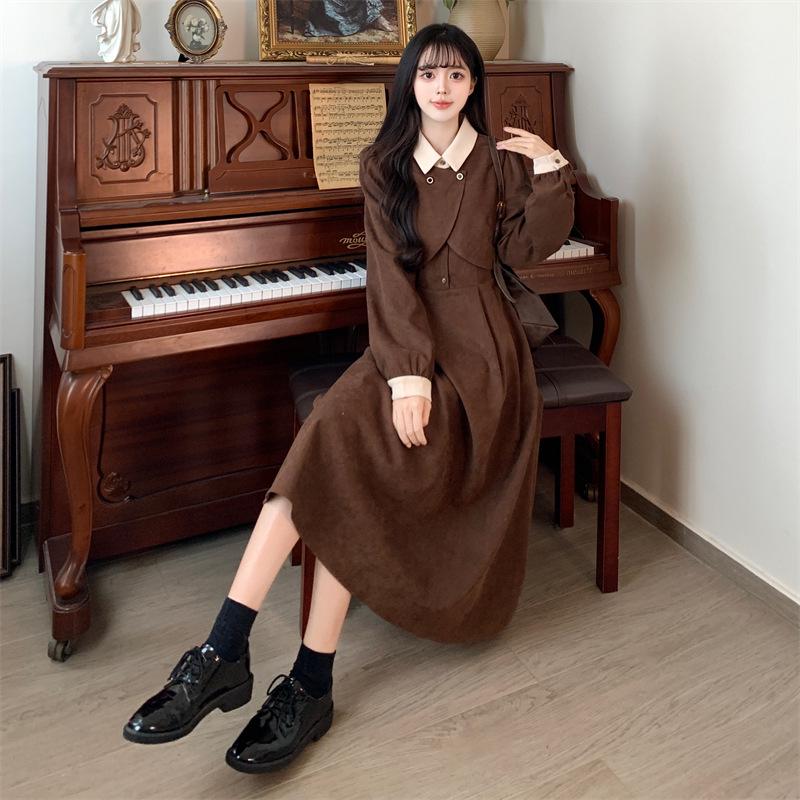 

2025 Plus Size French Style Knee-Length Long-Sleeve Dress - Flattering Waist-Cinched Two-Piece Autumn/Winter Women s Apparel. Double Extra Large кавовий/коричневий