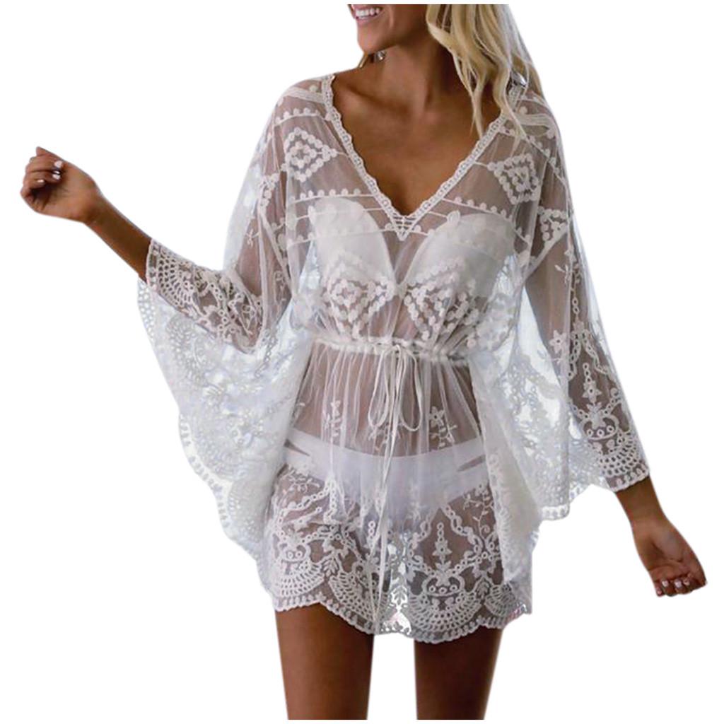 Women's Beach Cover Up Lace Mesh Embroidery Bikini Cover Up Holiday Beach Dress