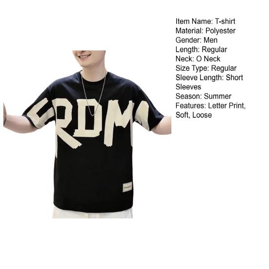 Summer Men T-shirt Letter Print Loose Round Neck Short Sleeves Loose Casual Pullover Youth Student Teenager Daily Wear Sport Top