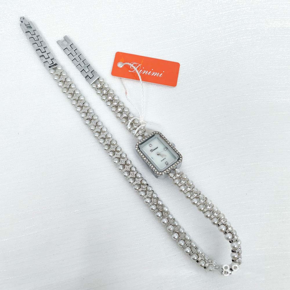 Dinimi Elegant Women's Quartz Watch Mother-of-Pearl Dial Double-Coiled Extra-Long Pearl Bracelet Women's Vintage-Style Watch