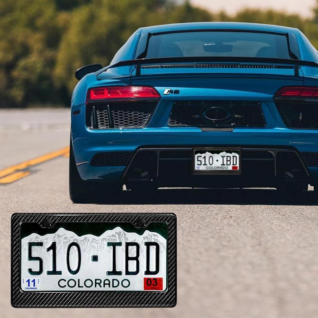 Real Carbon Fiber License Plate Frame, 100% Pure Carbon Fiber Frame, Black License Plate Holder Cover With Screw Caps, Anti-Vibration Pads, (Twill 2