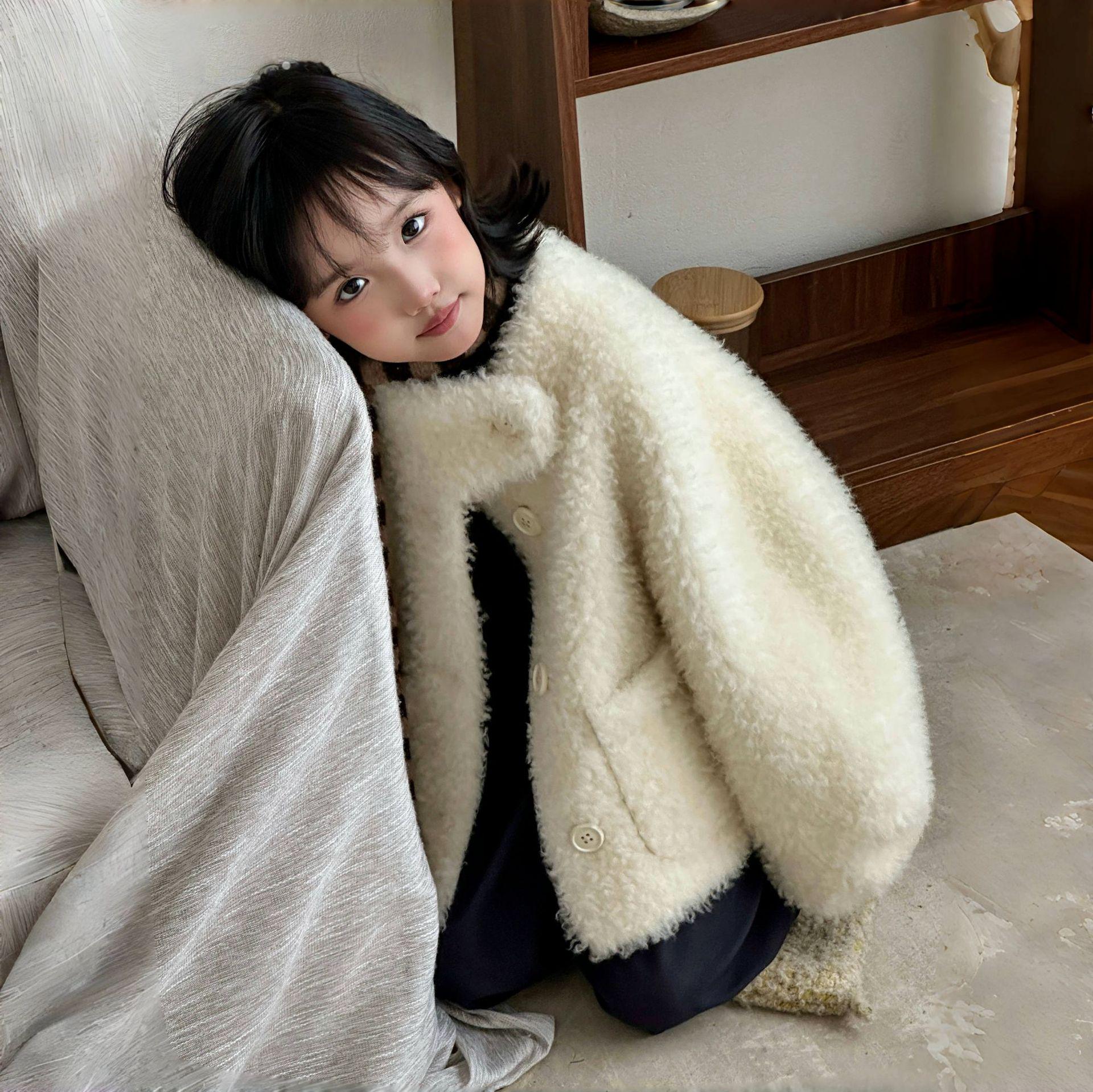 

Korean Style Girls All-Wool Mid-Length Fur Coat for Autumn and Winter 130cm (Height 122-132cm)