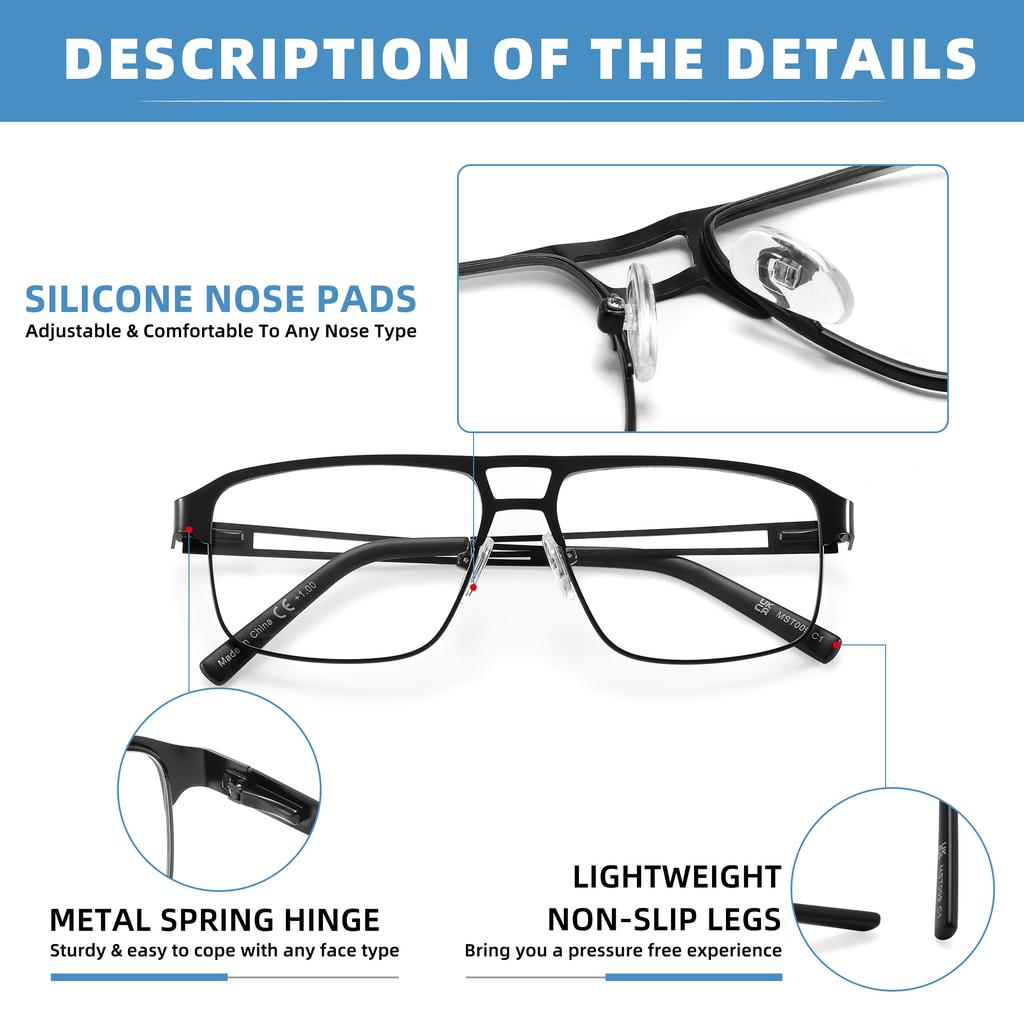 Readers Men Blue Light Blocking Reading Glasses Metal Frame Spring Hinge Presbyopia +0.50-3.5 Diopter Magnifier Lens Eyewear