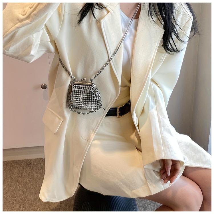 Trendy Mini Rhinestone Kiss Lock Crossbody Bag For Girls Cute Punk Evening Shoulder Purse With Detachable Metal Chain Strap Ideal For Parties Outings