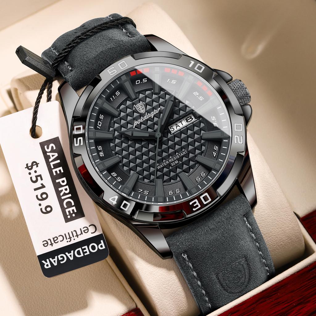 Top Luxury Waterproof Luminous Date Week Watch For Men Quartz Sport Leather Men's Watches