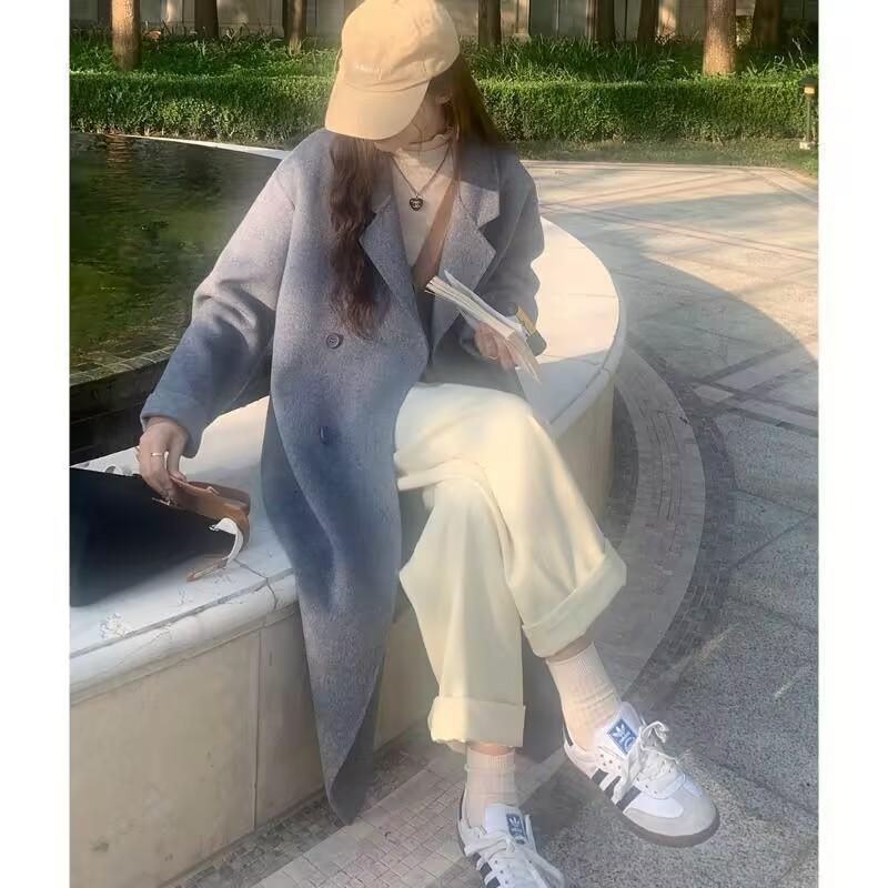 Damski Płaszcz Midi z Mieszanki Wełny z Klapami Szalowymi Dwurzędowy Luźny Elegancki Biurowy Chic Zimowa Odzież Wierzchnia