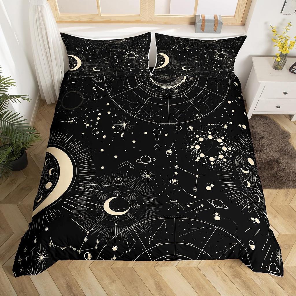Zestaw poszewek na kołdrę Słońce i Księżyc Rozmiar Queen, Zestaw pościeli w stylu Boho Hippy ze znakiem Pokoju, Dekoracja pokoju dziewcząt i chłopców, Rustykalna poszewka na kołdrę