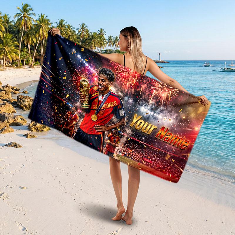 Asciugamano da Spiaggia Personalizzato Lamine Yamal, Stampa Testo Nome Personalizzato, Asciugamano Morbido ad Asciugatura Rapida con Logo Calcio, Regalo per le Vacanze