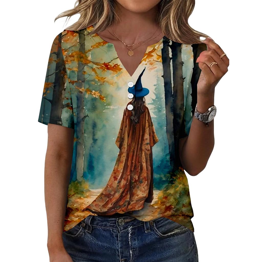 Women's Casual Halloween Print V-Neck Short Sleeve Button T-Shirt Top