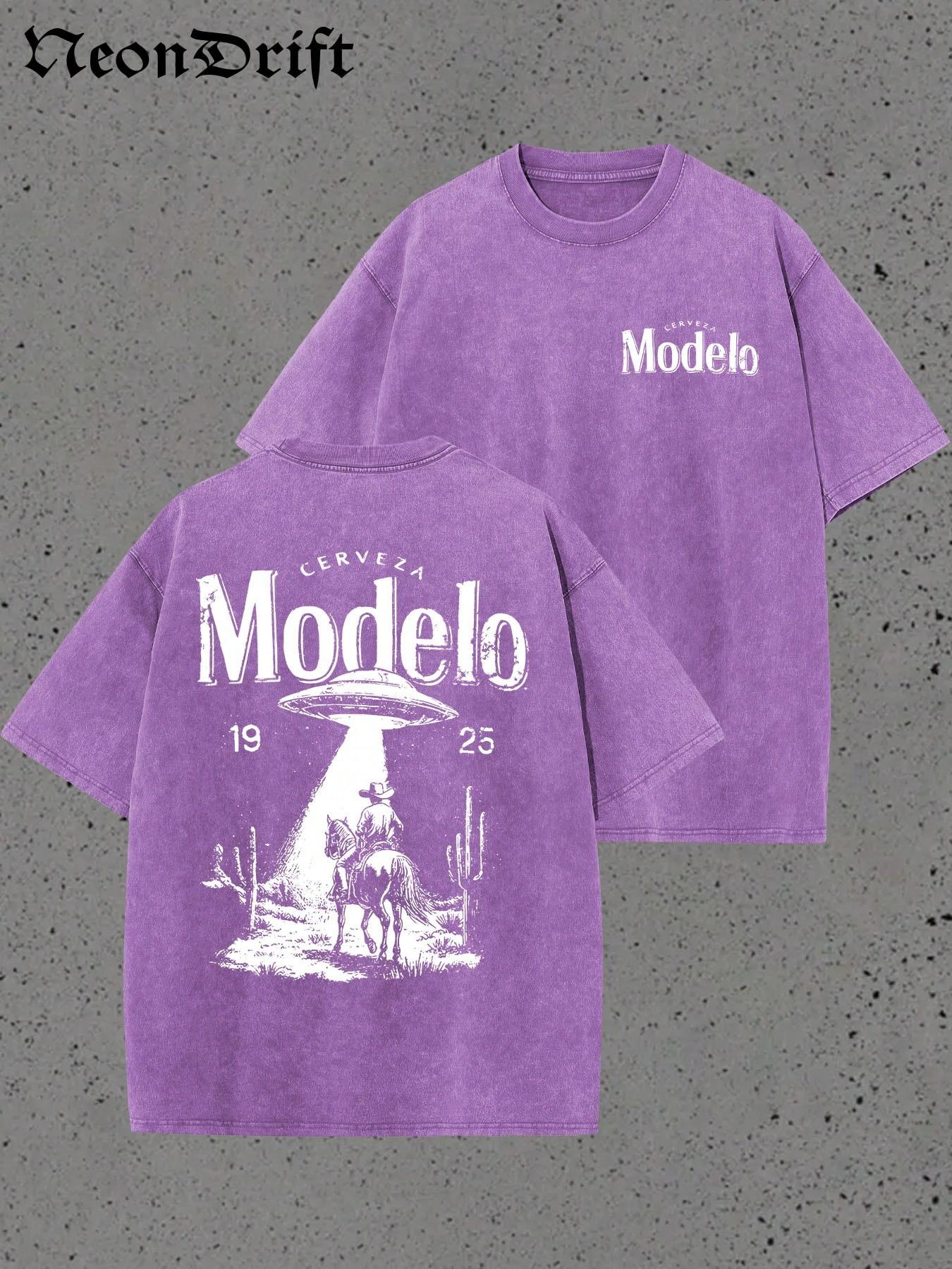 Retro Modelo 1925 Cerveza T Shirt Men Washed Cotton Oversized UFO Cowboy Graphic Tee Casual Streetwear Summer Short Sleeve S