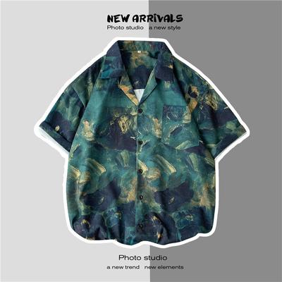 Hawaiian Print Shirt männer Kurzarm Lose Retro Ölgemälde Hemd Flut Marke Fünf-punkt Ärmel Mode Hemd