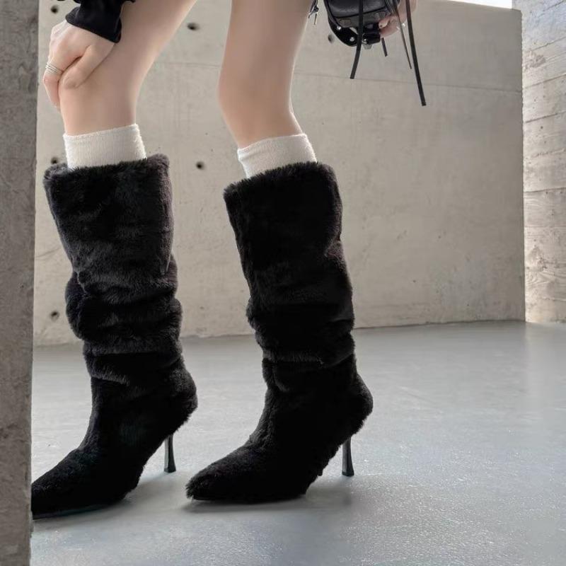 Luxury Faux Lambswool Winter Long Boots Women Pointed Toe Wedge Knee High Boots Woman Plus Size Fashion Plush Shark Botas Mujer
