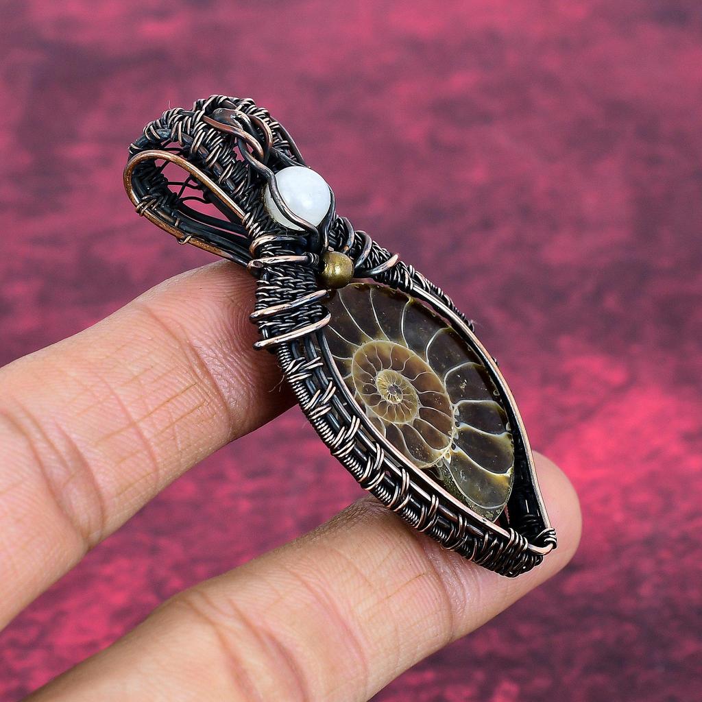 Ammonite Fossil Pendant Copper Wire Wrapped Moonstone Pendant Gemstone Jewelry