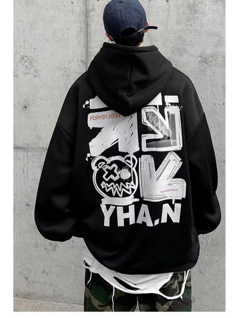 Men's Plus Velvet Hooded Sweatshirt - Large Size, Autumn/Winter, Hip-Hop Style, Trendy Loose Fit, American-Inspired.