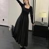 Women's French Black Pleated Square Neck Long Sleeve A-line Dress, Slim Fit Cinched Waist, New for Spring 2026