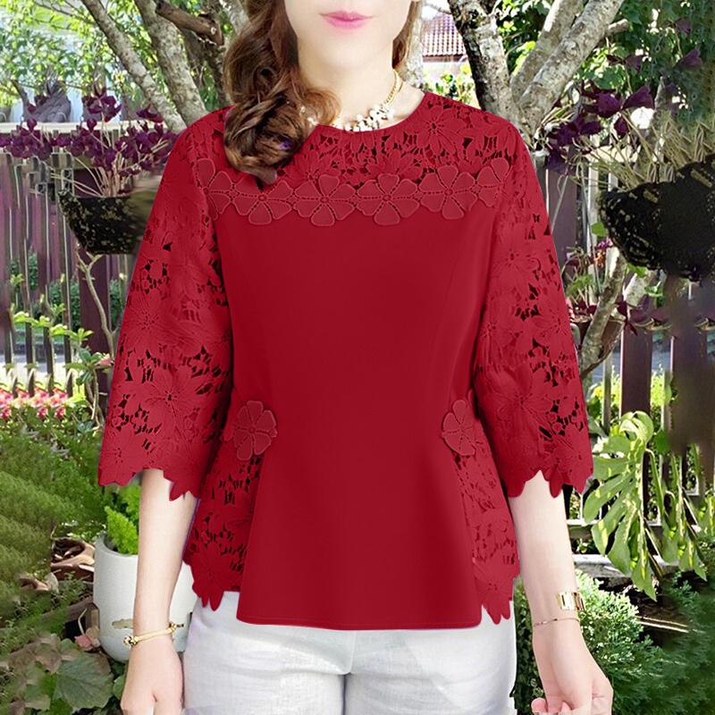 

ZANZEA Женская повседневная блузка с круглым вырезом, рукавами 3/4, свободного кроя, пэчворк, кружевная вязка крючком 5XL