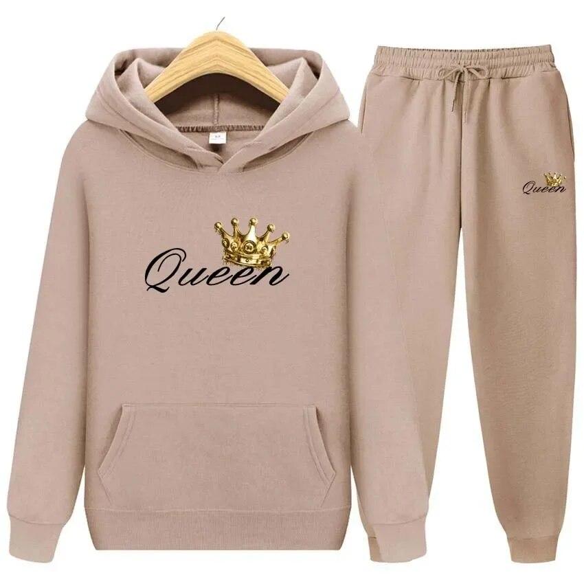 Queen Printing Autumn Winter Hoodies+Pants Two Piece Set  Womens Hoodies Tracksuits Jogger Pants thick Warm Clothes