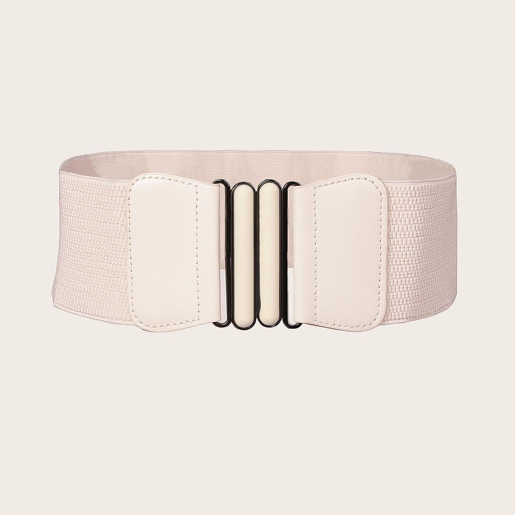 Koreanisches Damenkleid mit doppeltem ovalen Schnallenpaar, elastischem Gürtel, dekorativem Touch-Lackleder, breitem Taillenbund