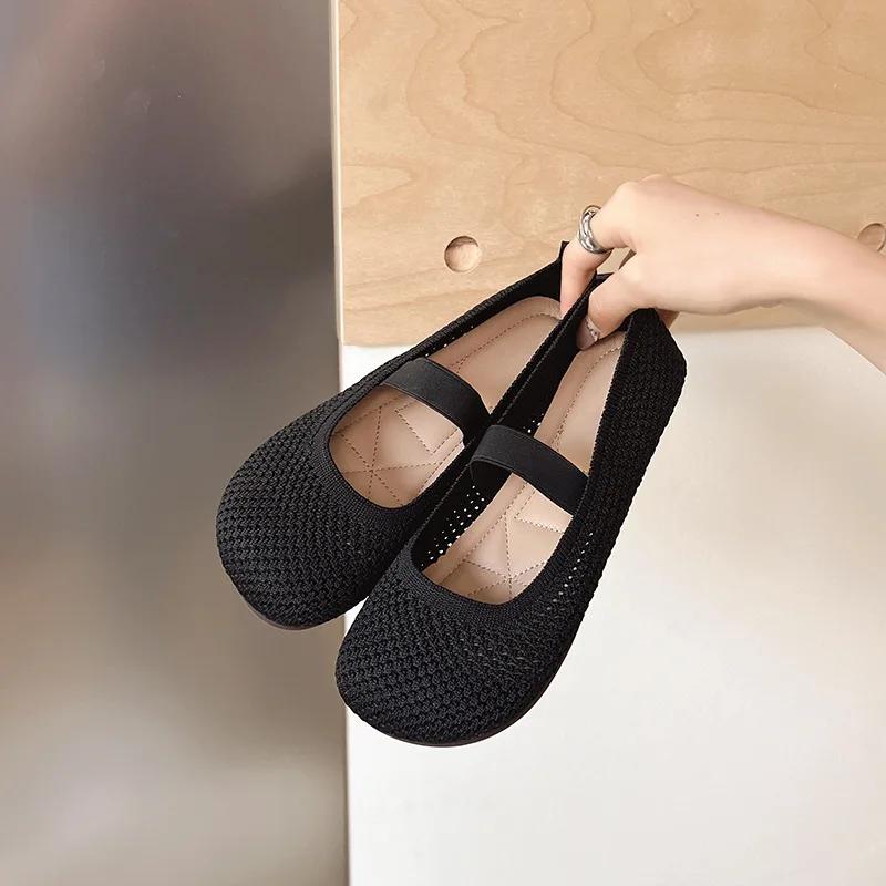 

New Fashion Women Slip-on Loafers Breathable Knit Mary Janes Round Toe Casual Boat Shoes 40