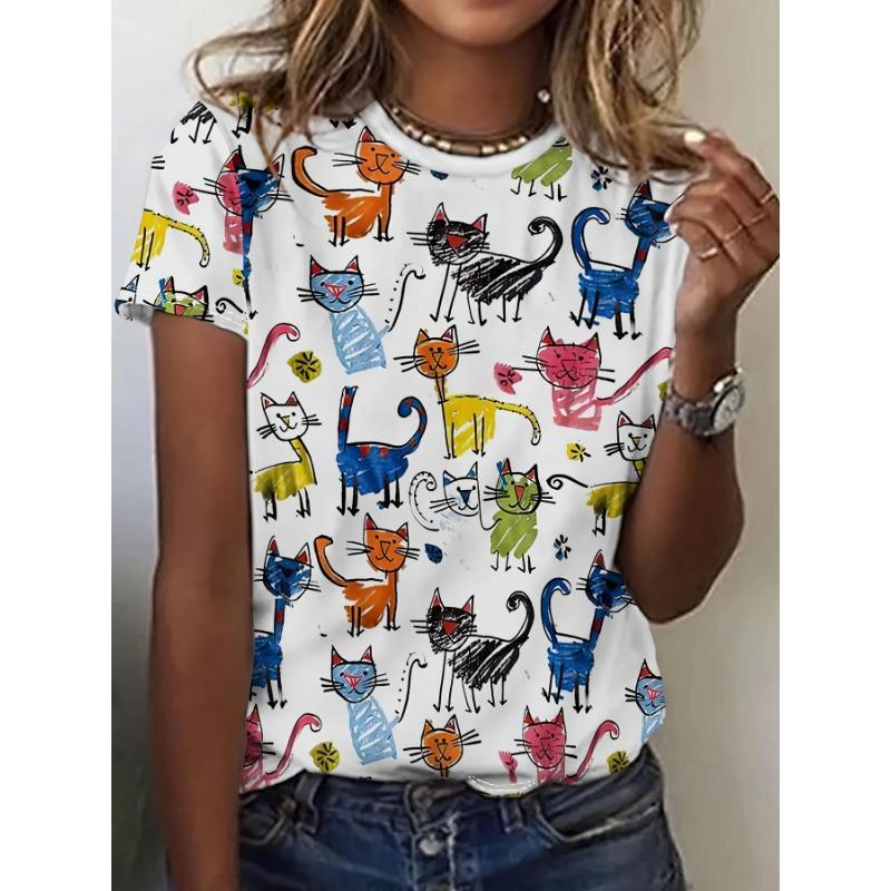 Summer Round Neck 3D Cat Print Top Fashionable Casual Short Sleeved Women's T-shirts