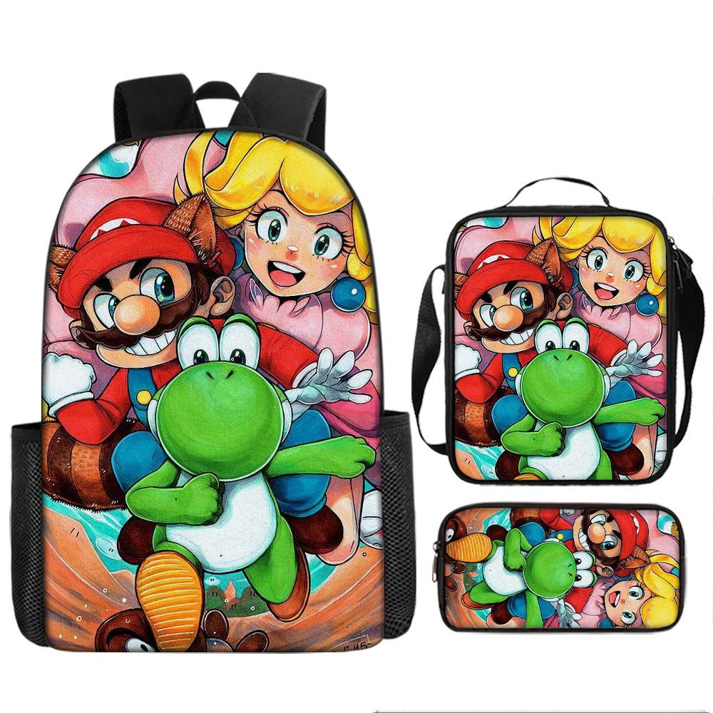 Set Zaino Cartone Animato Super Mario, Zaino Scolastico Principessa Peach, Poliestere 3 Pezzi, Zaino a Tema Gaming