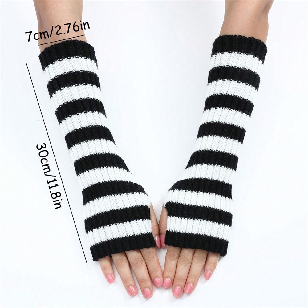 A Pair Women's Fashionable Striped Fingerless Mittens Girls Long Knit Gloves for Warmth Winter Glove