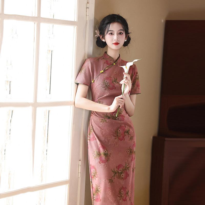 Beautiful pink waist pinch national style new Chinese style Suzhou long cheongsam improved young 1011 new women's high sense