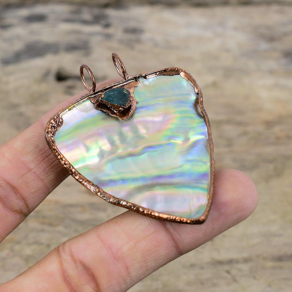 Abalone Shell Rough Pendant Electroformed Copper Gemstone Pendant Handmade Jewelry Aquamarine Rough Pendant Electroformed Jewelry For Gifts