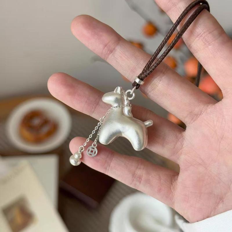 1/2Pcs Vintage Simple Unique Chinese Zodiac Horse Sweater Chain Silver Foal Copper Coin Gourd Necklace Classical Pony Pendant