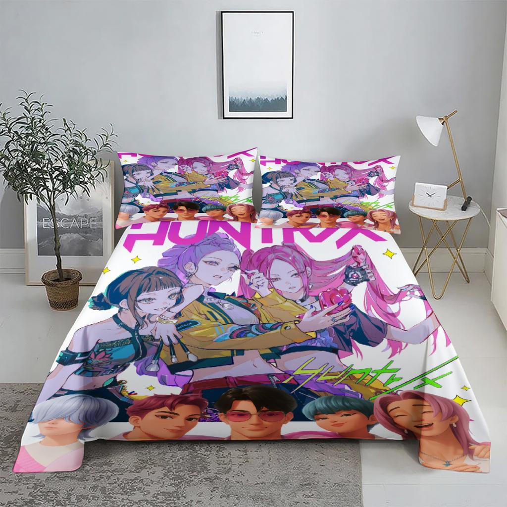 Golden Demon Hunters K-pop Bed Sheet Set 3D Printed Bed Flat Sheet With Pillowcase Bed Linen King Queen Size