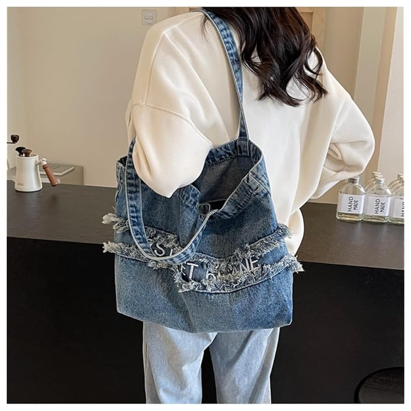 [YUNHEN] denim tote bag ladies shoulder bag English pattern handbag vintage style large capacity shoulder jeans handbag bag 2way commute Commuting to