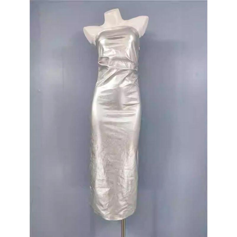 Foreign Trade Order Summer New Sexy Gyaru Tube Top Metal Sense Silver Pleat Senior Women Mid-Length Dress