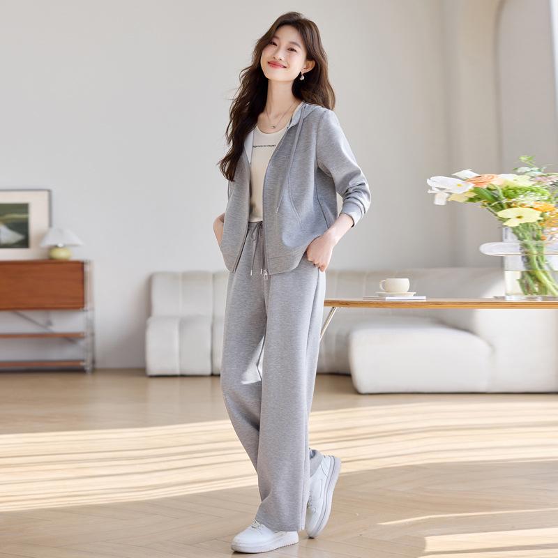 

Женский весенний 2025 простой комплект спортивной одежды с курткой с капюшоном и длинными брюками XL серый