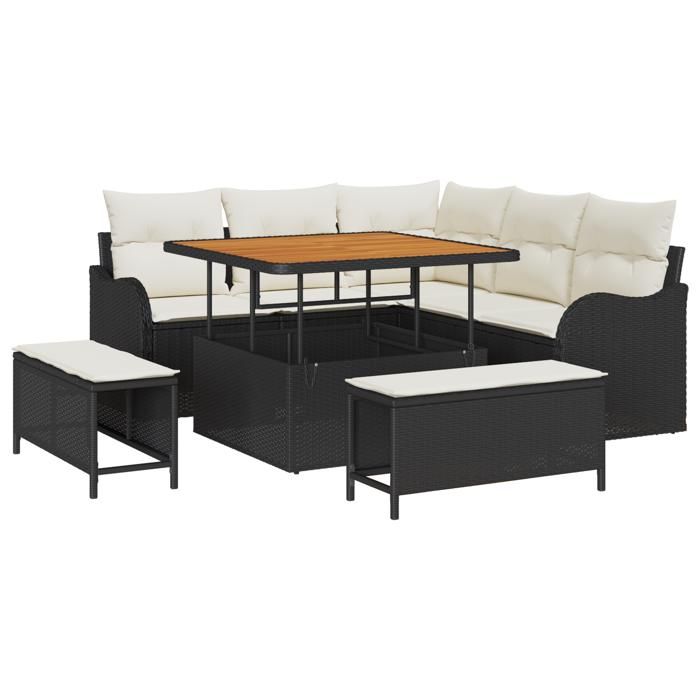 Ensemble de canapés de jardin 8 pièces avec coussins noir poly rotin acacia, Canapé de jardin 2 places avec coussins noir 3362255