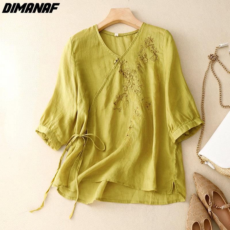

DIMANAF 2023 Летняя женская блузка больших размеров рубашка свободная повседневная винтажные женские топы рубашка вышивка цветочный V-образный вырез элегантный