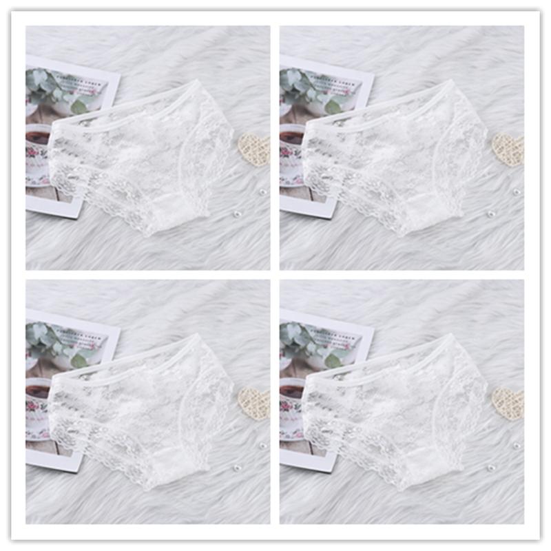 Girls' Sexy Lace Briefs Breathable Underwear with Butterfly Knot Carved Mid Air Waist Knickers Solid Color Women's Triangle Panties