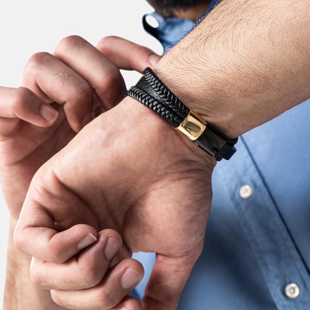 Gold Bracelet 17cm with Gift Genuine Leather Braided Adjustable Magnetic Wrap Male Boys Band Magnetic Accessories [SERASAR] Men's Box, - Cowhide,
