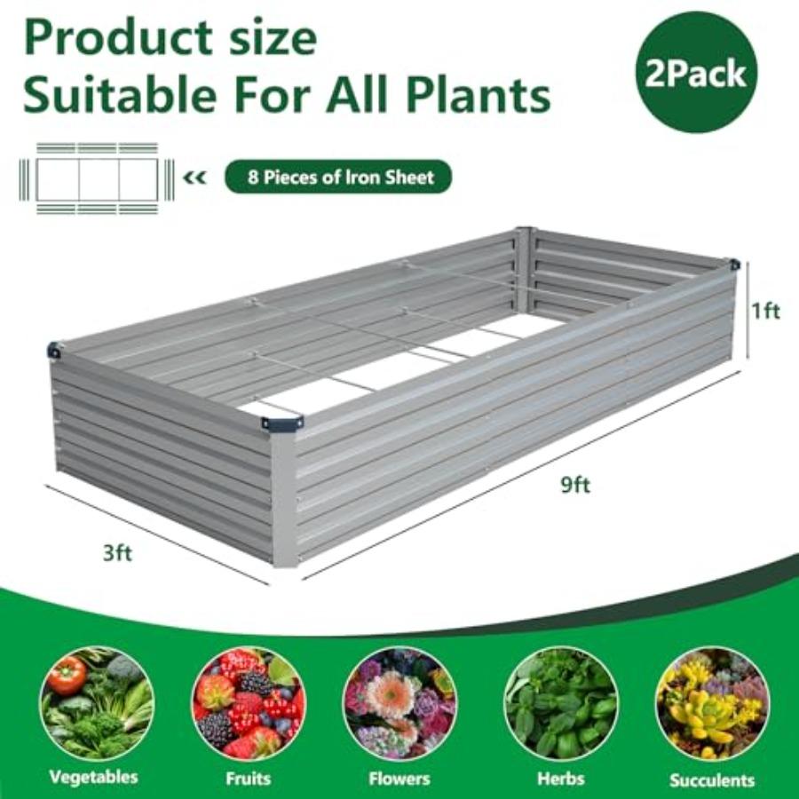 2 Pack 9x3x1FT Galvanized Raised Garden Bed Kit Outdoor Metal Planter Box for Vegetables Rectangular Steel Container Easy Assem