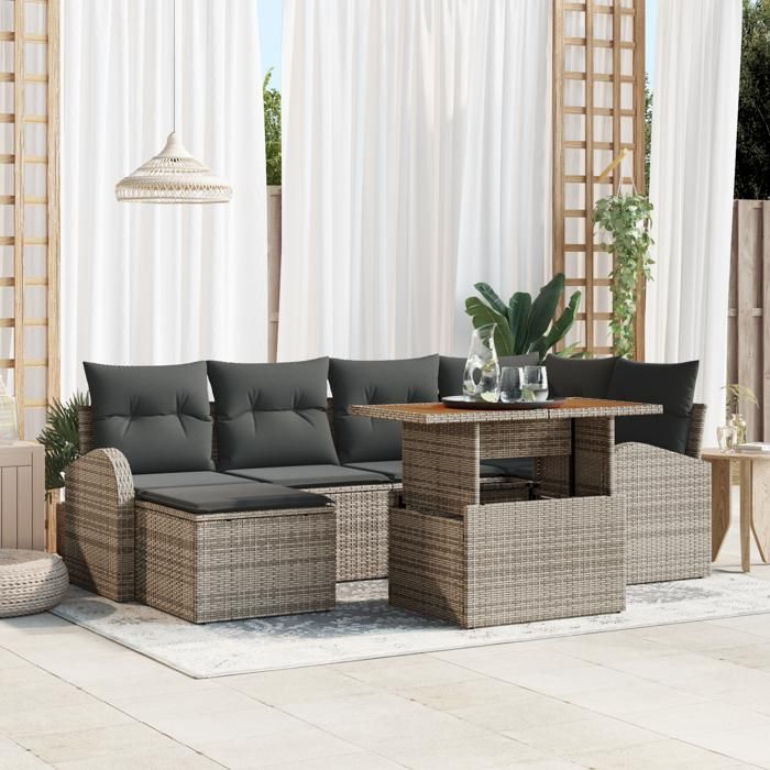 VidaXL Ensemble de salle à manger de jardin 7 pièces avec coussins en poly rotin gris et acacia 3349607