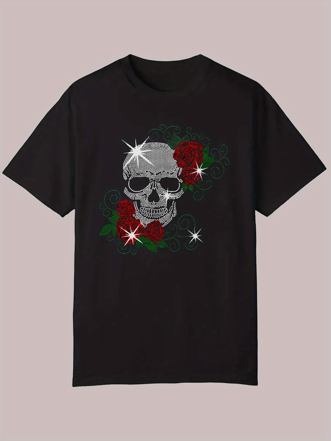 

Summer Graphic T-shirt - Black Casual Short Sleeve Round Neck Tee with Skull & Red Roses Design S